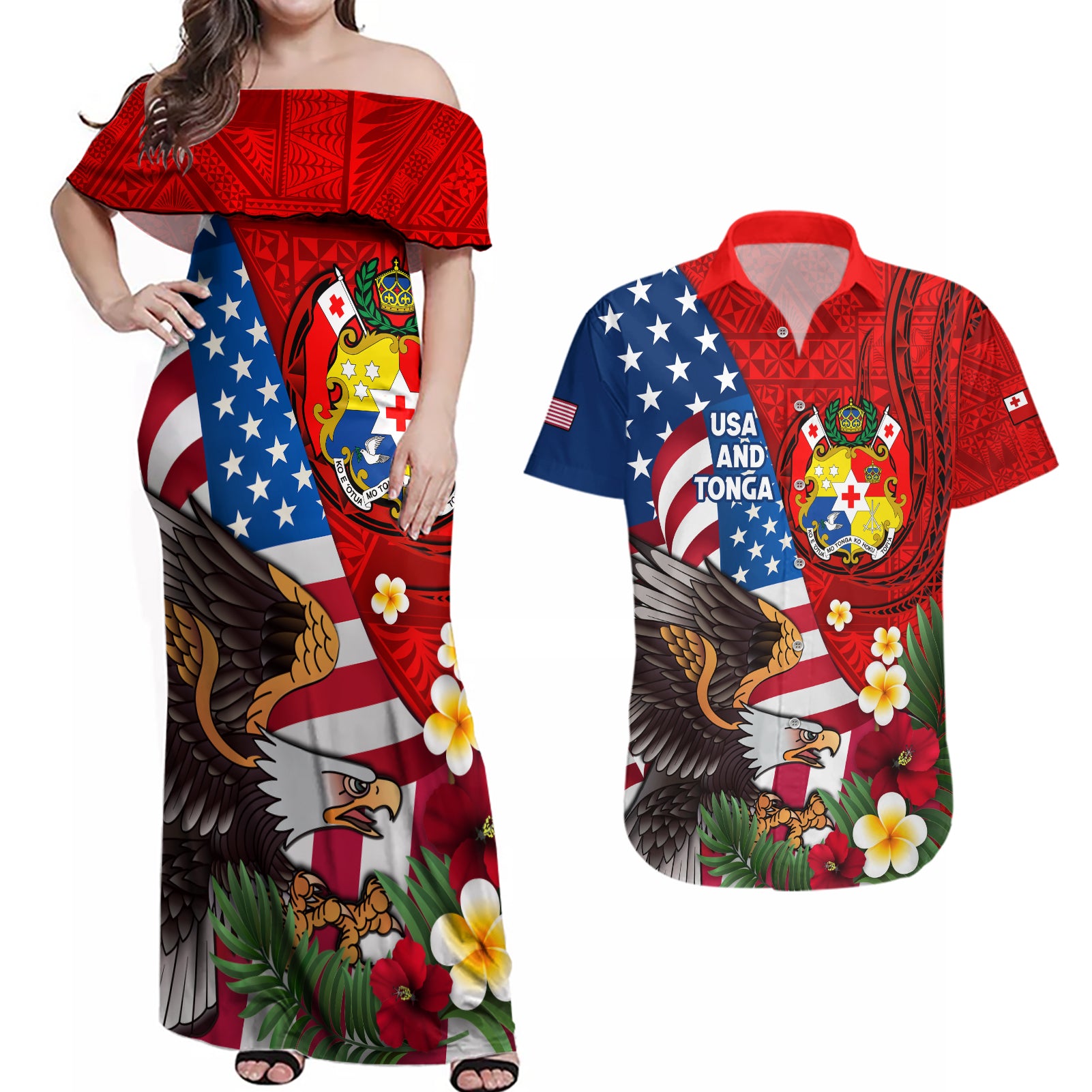 United States And Tonga Couples Matching Off Shoulder Maxi Dress and Hawaiian Shirt USA Flag Eagle Mix Tongan Coat Of Arms Ngatu Pattern LT14 Blue - Polynesian Pride