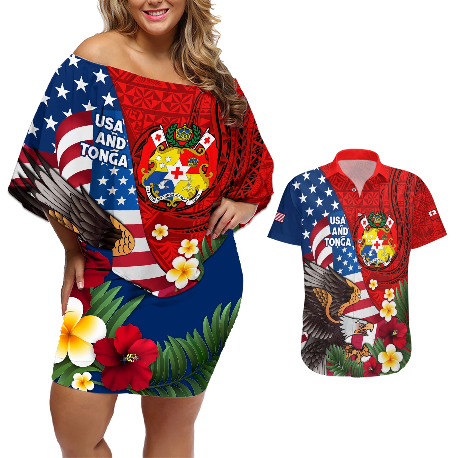 United States And Tonga Couples Matching Off Shoulder Short Dress and Hawaiian Shirt USA Flag Eagle Mix Tongan Coat Of Arms Ngatu Pattern LT14 Blue - Polynesian Pride