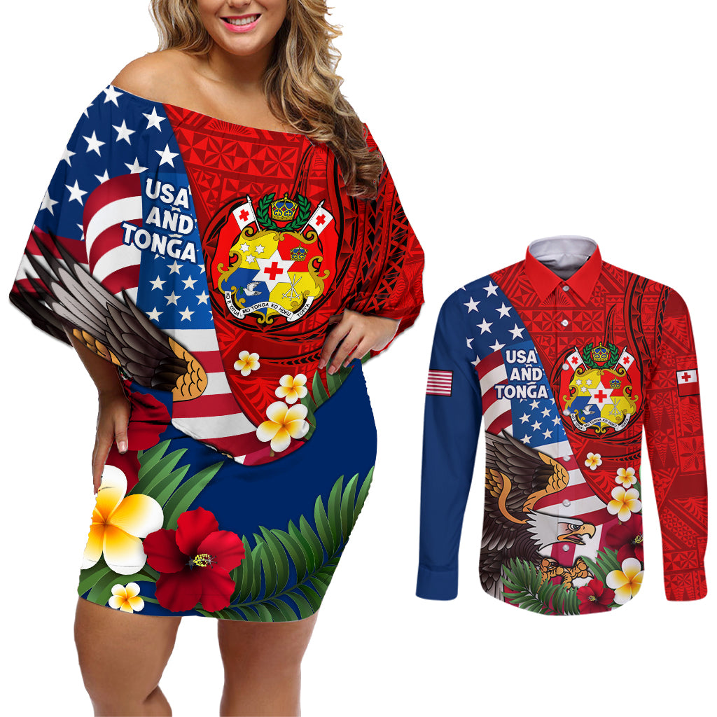 United States And Tonga Couples Matching Off Shoulder Short Dress and Long Sleeve Button Shirt USA Flag Eagle Mix Tongan Coat Of Arms Ngatu Pattern LT14 Blue - Polynesian Pride