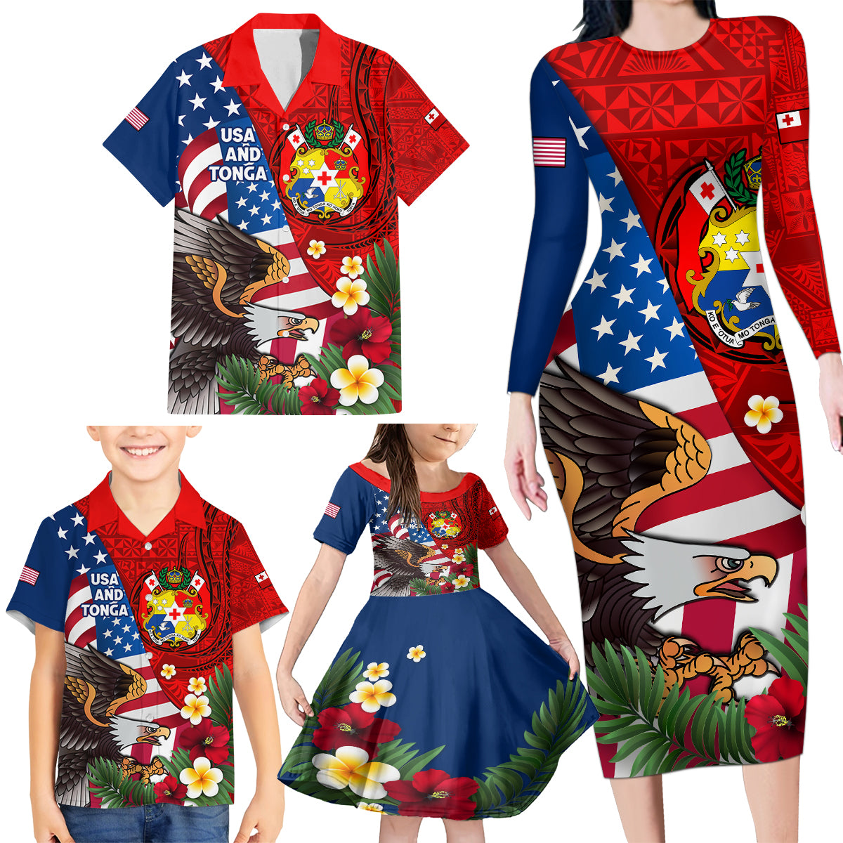 United States And Tonga Family Matching Long Sleeve Bodycon Dress and Hawaiian Shirt USA Flag Eagle Mix Tongan Coat Of Arms Ngatu Pattern LT14 - Polynesian Pride