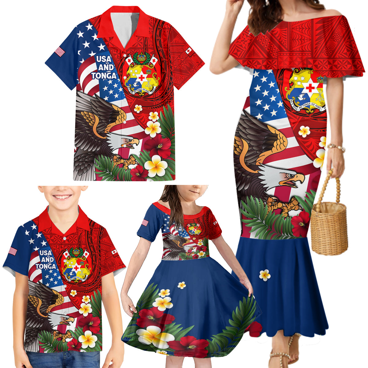 United States And Tonga Family Matching Mermaid Dress and Hawaiian Shirt USA Flag Eagle Mix Tongan Coat Of Arms Ngatu Pattern LT14 - Polynesian Pride