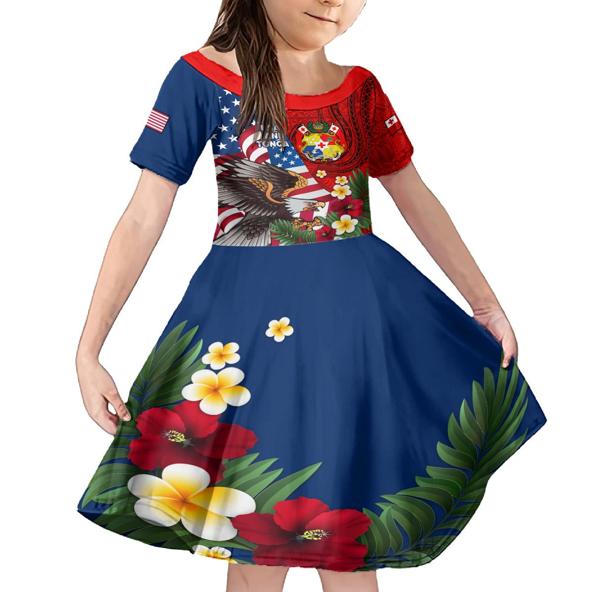 United States And Tonga Family Matching Off Shoulder Maxi Dress and Hawaiian Shirt USA Flag Eagle Mix Tongan Coat Of Arms Ngatu Pattern LT14 Daughter's Dress Blue - Polynesian Pride