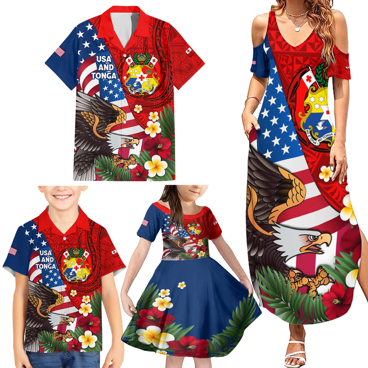 United States And Tonga Family Matching Summer Maxi Dress and Hawaiian Shirt USA Flag Eagle Mix Tongan Coat Of Arms Ngatu Pattern LT14 - Polynesian Pride