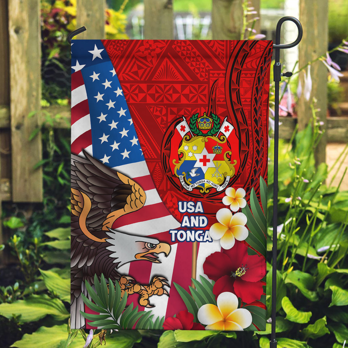 United States And Tonga Garden Flag USA Flag Eagle Mix Tongan Coat Of Arms Ngatu Pattern LT14 Garden Flag Blue - Polynesian Pride