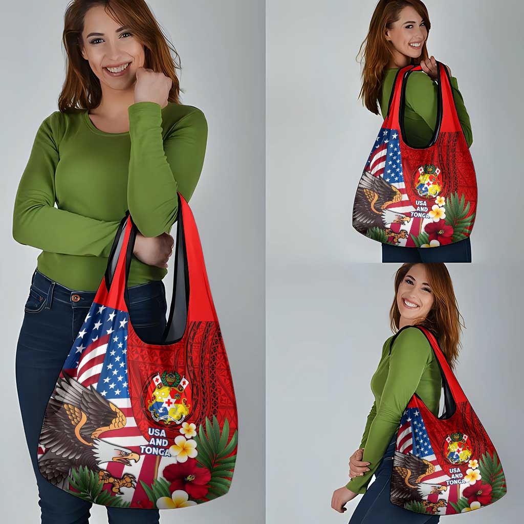 United States And Tonga Grocery Bag USA Flag Eagle Mix Tongan Coat Of Arms Ngatu Pattern LT14 - Polynesian Pride