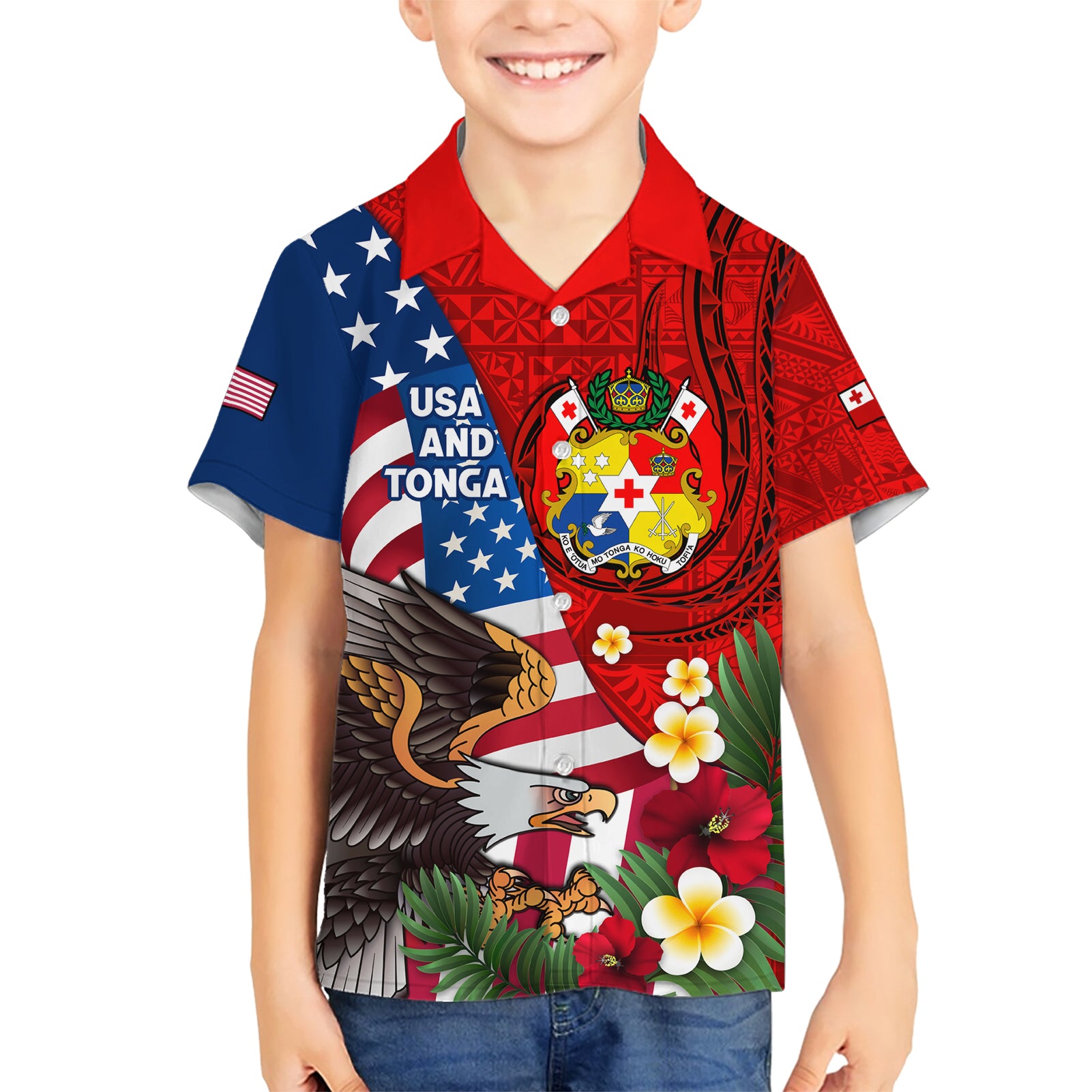 United States And Tonga Kid Hawaiian Shirt USA Flag Eagle Mix Tongan Coat Of Arms Ngatu Pattern LT14 Kid Blue - Polynesian Pride