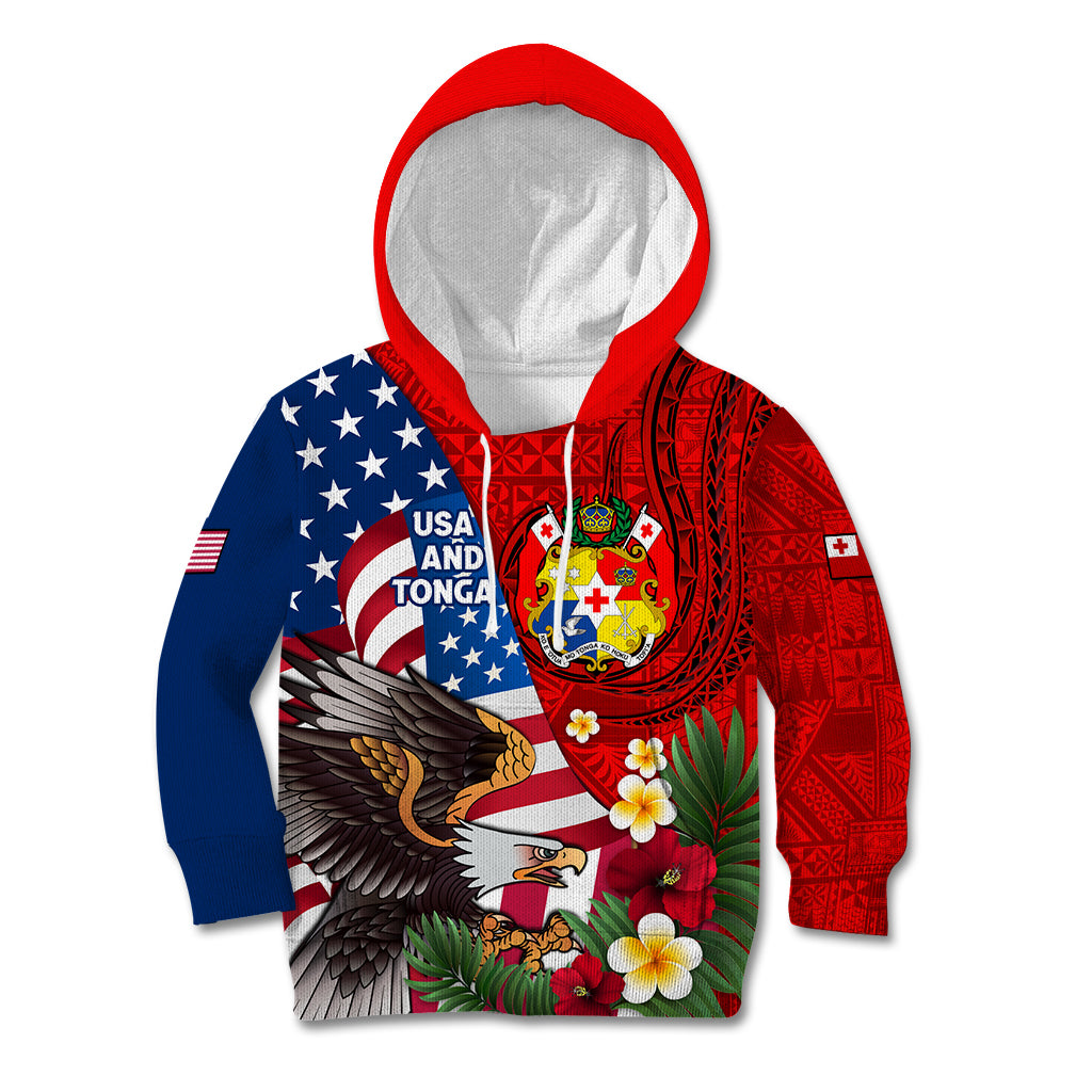 United States And Tonga Kid Hoodie USA Flag Eagle Mix Tongan Coat Of Arms Ngatu Pattern LT14 Hoodie Blue - Polynesian Pride