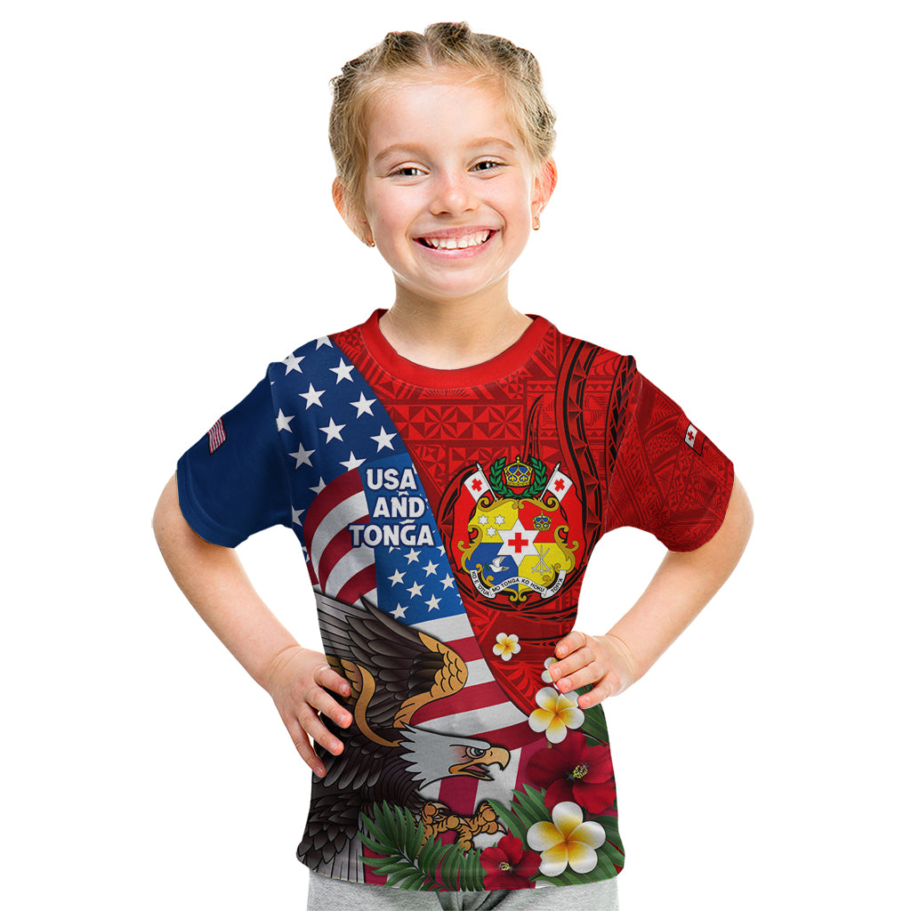 United States And Tonga Kid T Shirt USA Flag Eagle Mix Tongan Coat Of Arms Ngatu Pattern LT14 Blue - Polynesian Pride