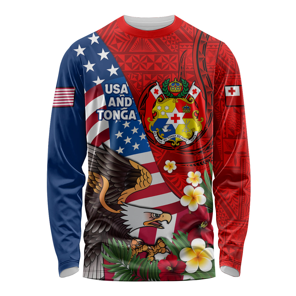 United States And Tonga Long Sleeve Shirt USA Flag Eagle Mix Tongan Coat Of Arms Ngatu Pattern LT14 Unisex Blue - Polynesian Pride