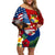 United States And Tonga Off Shoulder Short Dress USA Flag Eagle Mix Tongan Coat Of Arms Ngatu Pattern LT14 Women Blue - Polynesian Pride