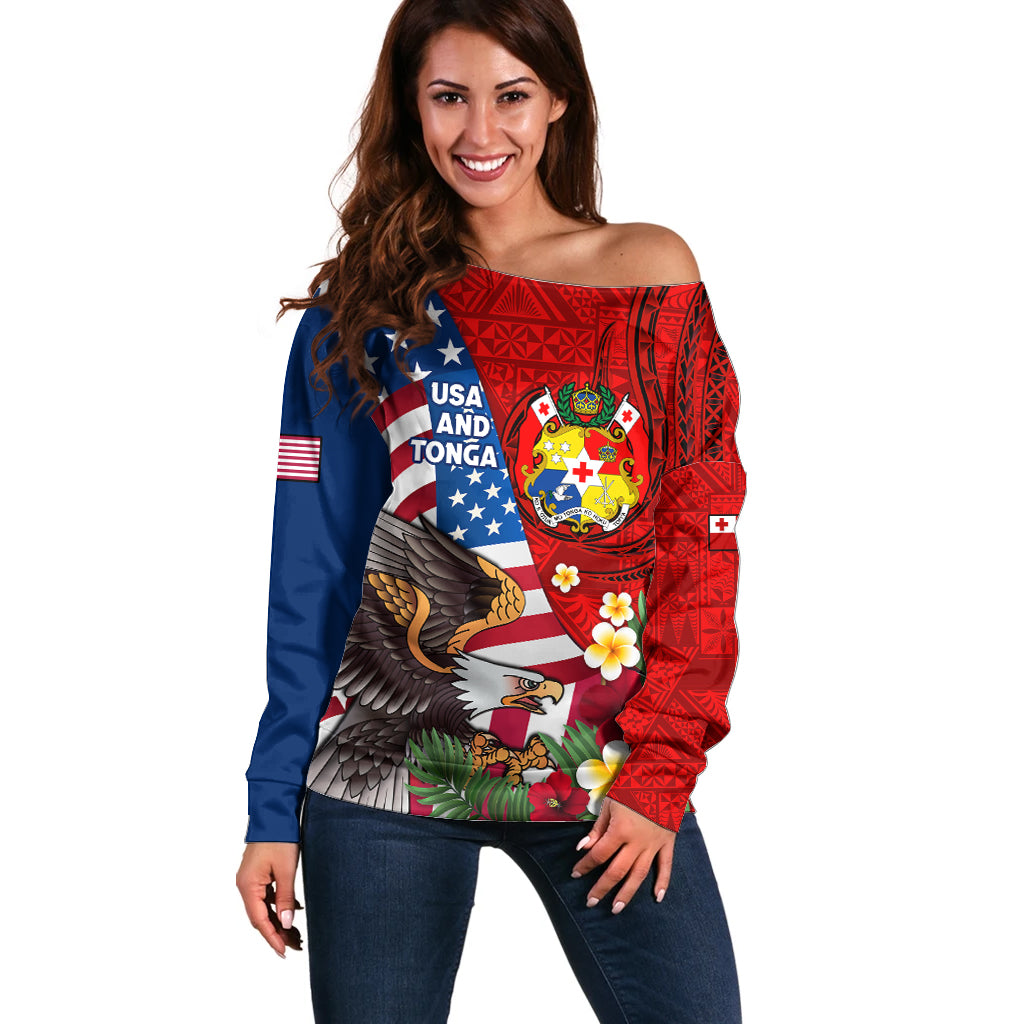 United States And Tonga Off Shoulder Sweater USA Flag Eagle Mix Tongan Coat Of Arms Ngatu Pattern LT14 Women Blue - Polynesian Pride