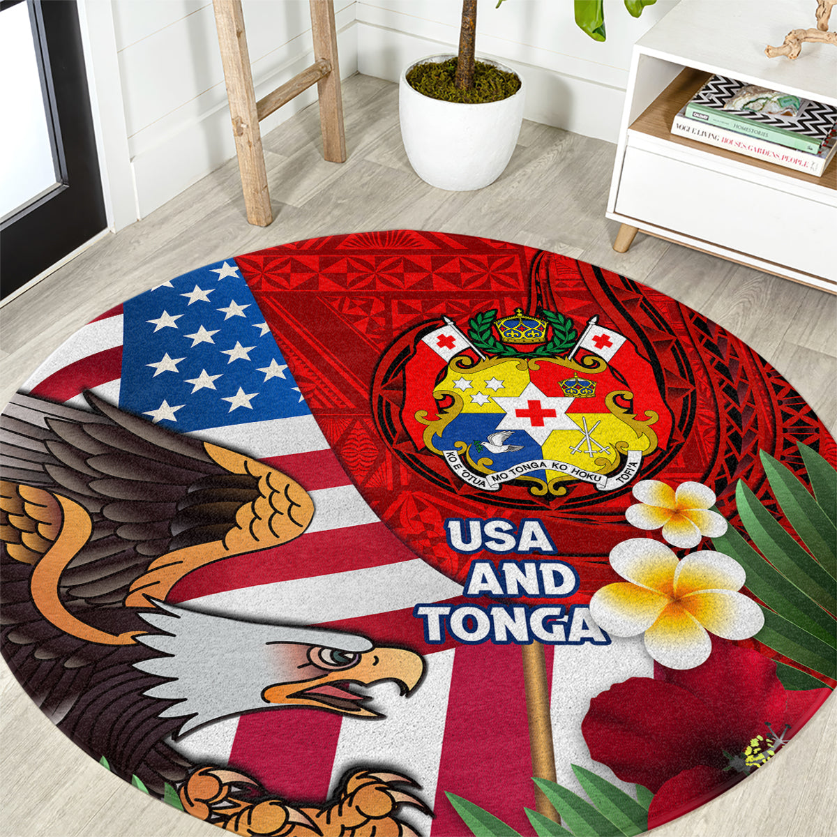 United States And Tonga Round Carpet USA Flag Eagle Mix Tongan Coat Of Arms Ngatu Pattern LT14 Blue - Polynesian Pride