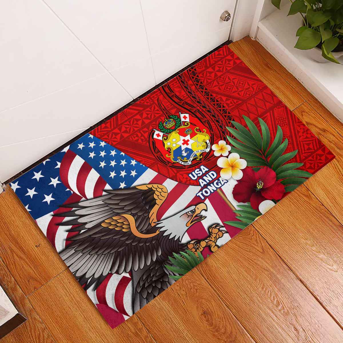 United States And Tonga Rubber Doormat USA Flag Eagle Mix Tongan Coat Of Arms Ngatu Pattern LT14 Blue - Polynesian Pride