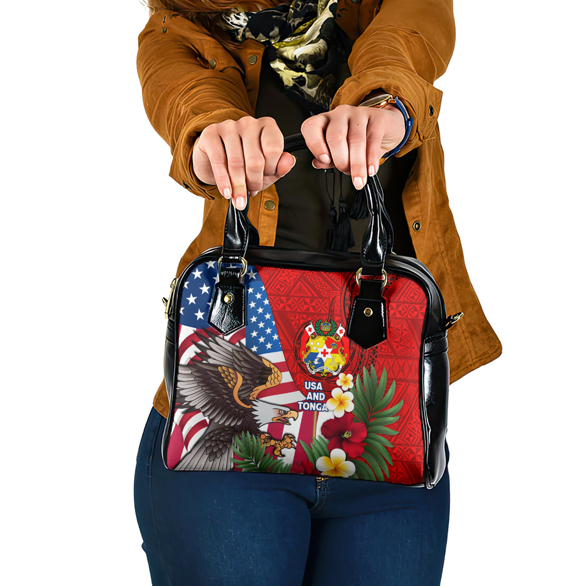 United States And Tonga Shoulder Handbag USA Flag Eagle Mix Tongan Coat Of Arms Ngatu Pattern LT14 One Size Blue - Polynesian Pride