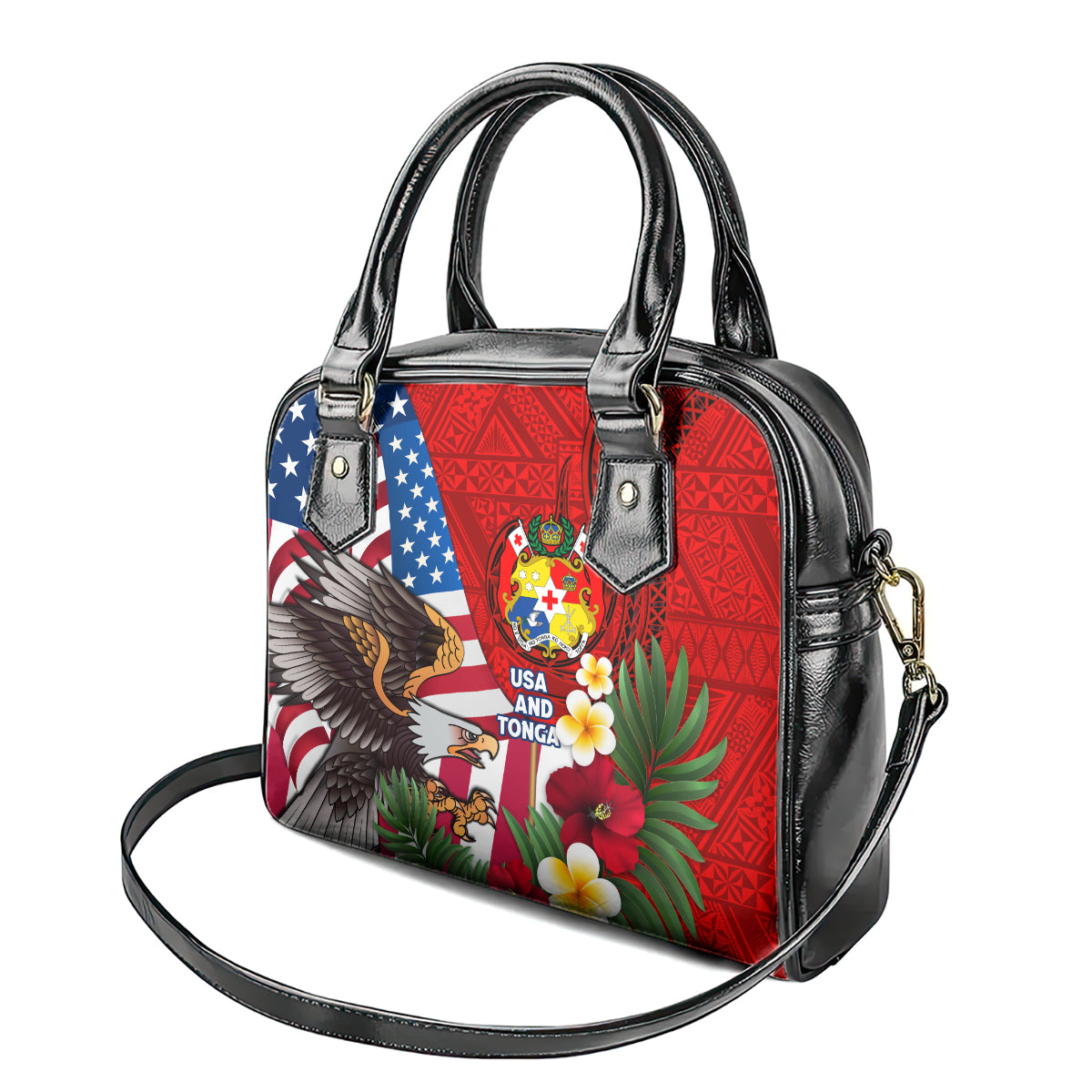 United States And Tonga Shoulder Handbag USA Flag Eagle Mix Tongan Coat Of Arms Ngatu Pattern LT14 - Polynesian Pride