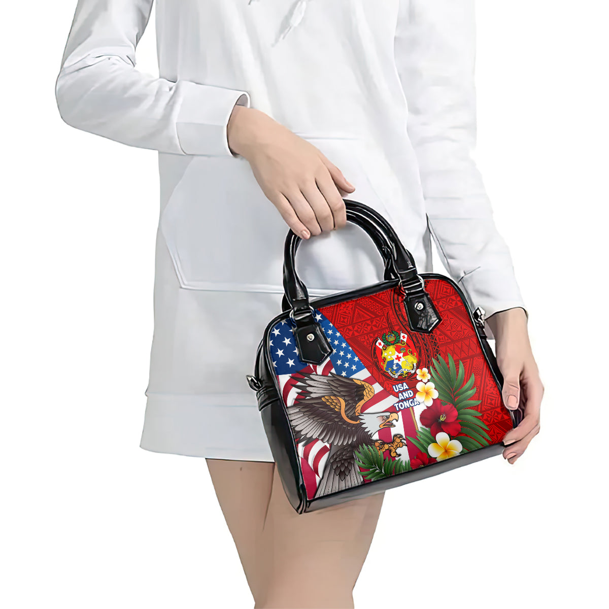 United States And Tonga Shoulder Handbag USA Flag Eagle Mix Tongan Coat Of Arms Ngatu Pattern LT14 - Polynesian Pride