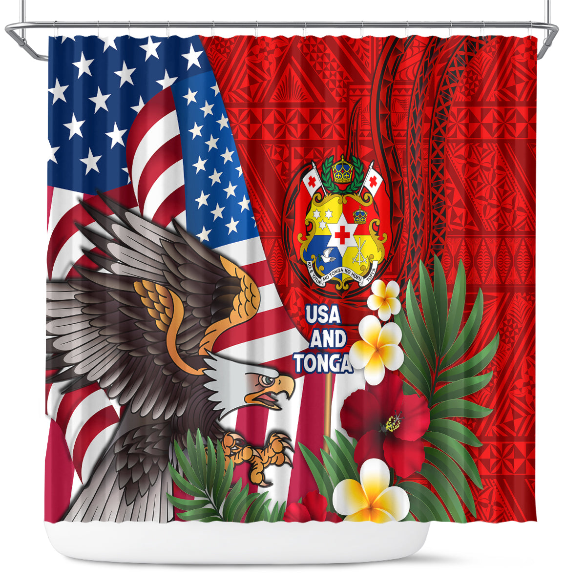 United States And Tonga Shower Curtain USA Flag Eagle Mix Tongan Coat Of Arms Ngatu Pattern LT14 Blue - Polynesian Pride