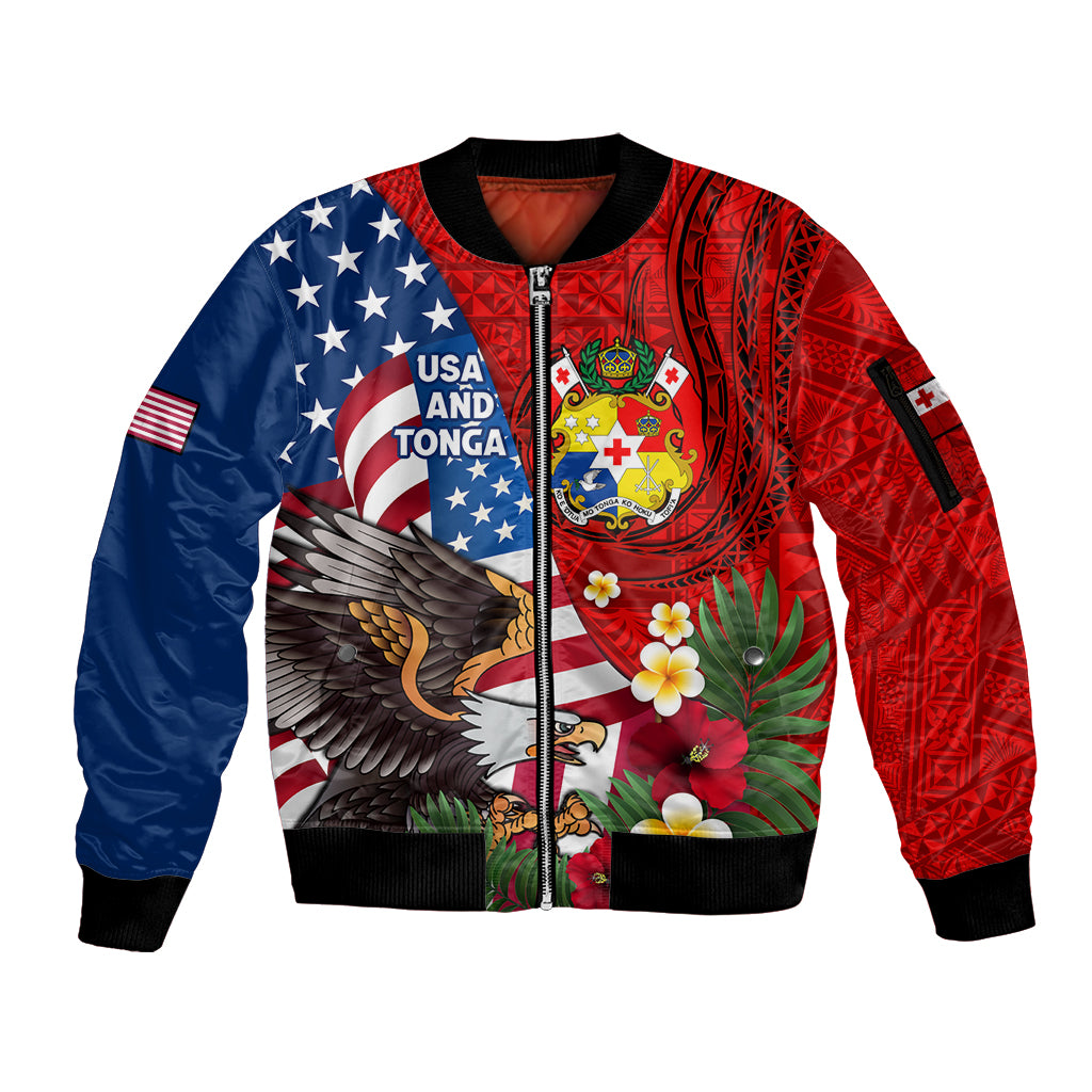 United States And Tonga Sleeve Zip Bomber Jacket USA Flag Eagle Mix Tongan Coat Of Arms Ngatu Pattern LT14 Unisex Blue - Polynesian Pride