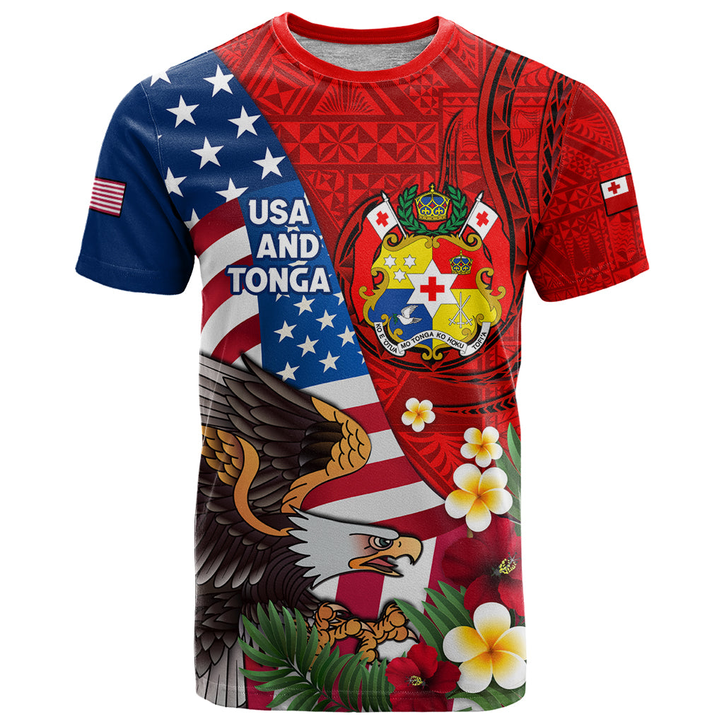 United States And Tonga T Shirt USA Flag Eagle Mix Tongan Coat Of Arms Ngatu Pattern LT14 Blue - Polynesian Pride