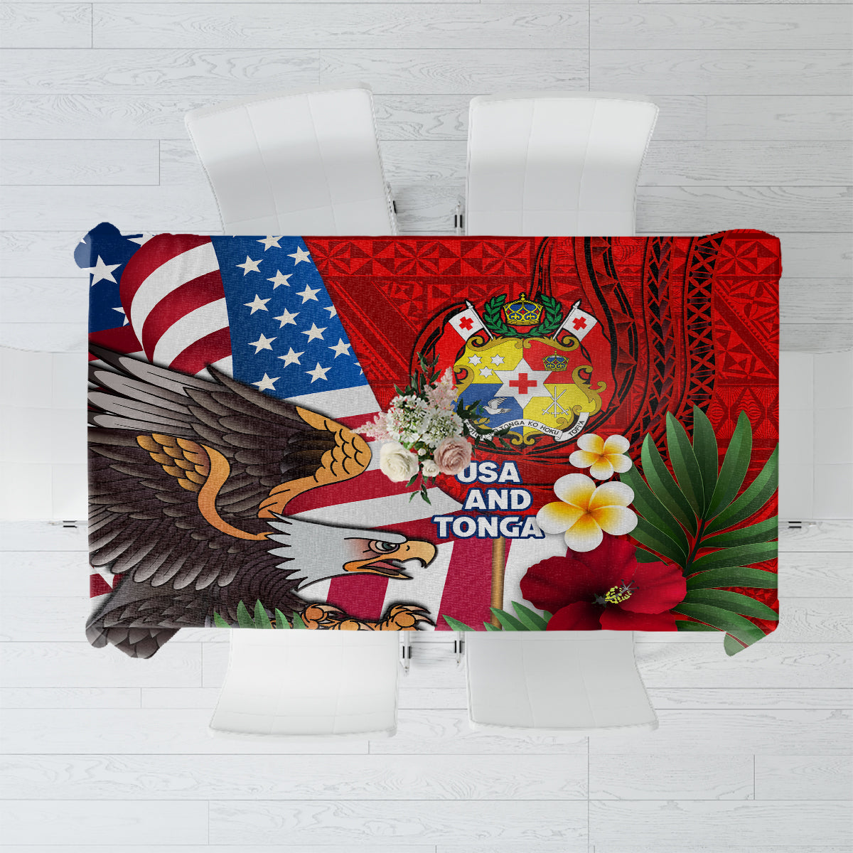 United States And Tonga Tablecloth USA Flag Eagle Mix Tongan Coat Of Arms Ngatu Pattern LT14 Blue - Polynesian Pride