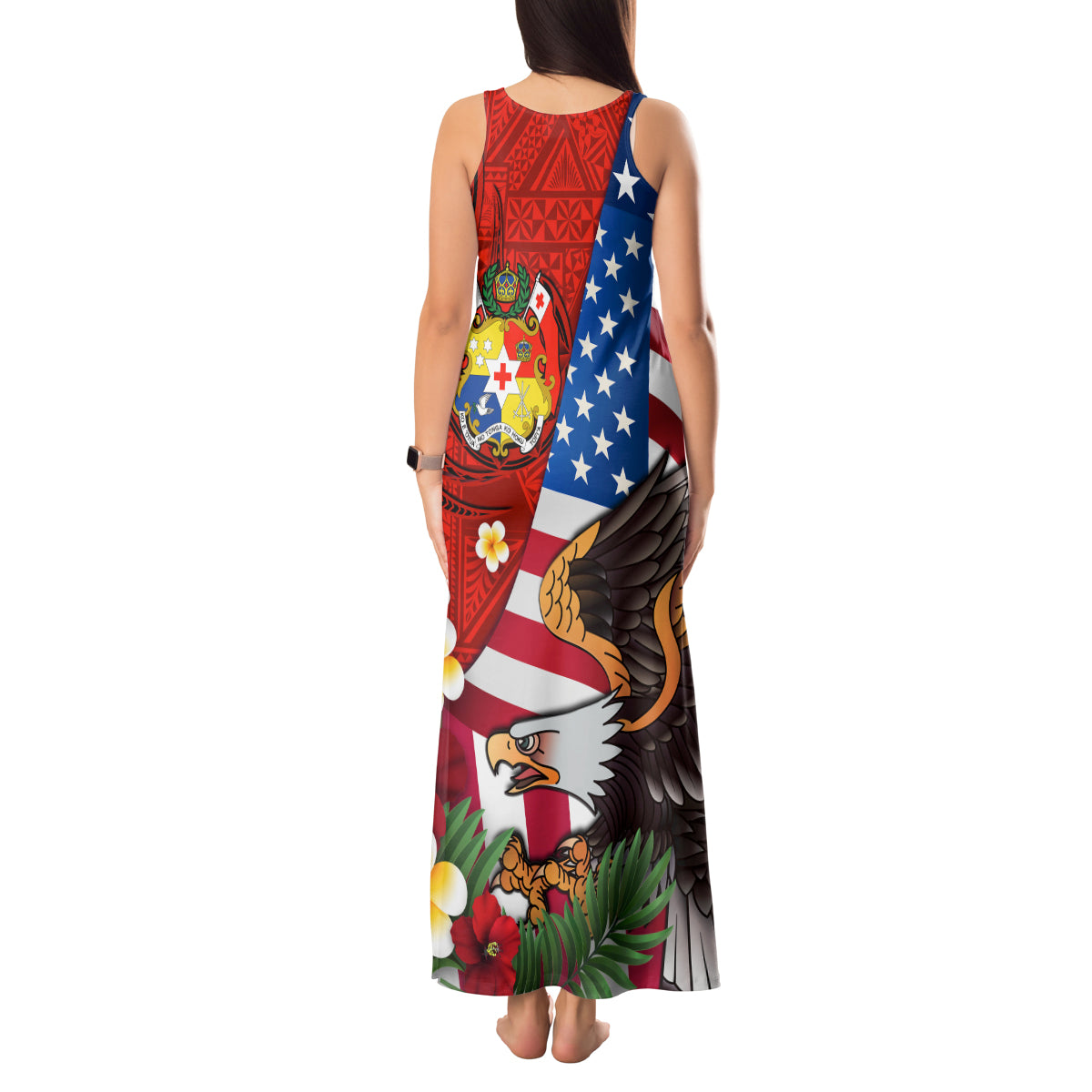 United States And Tonga Tank Maxi Dress USA Flag Eagle Mix Tongan Coat Of Arms Ngatu Pattern LT14 - Polynesian Pride