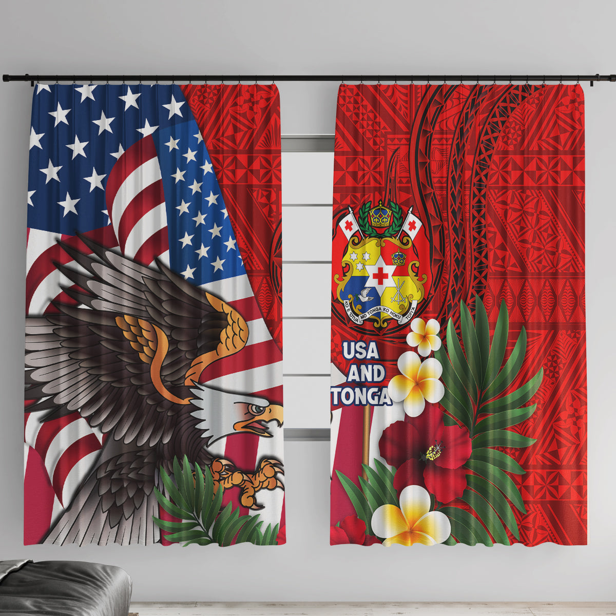 United States And Tonga Window Curtain USA Flag Eagle Mix Tongan Coat Of Arms Ngatu Pattern LT14 With Hooks Blue - Polynesian Pride