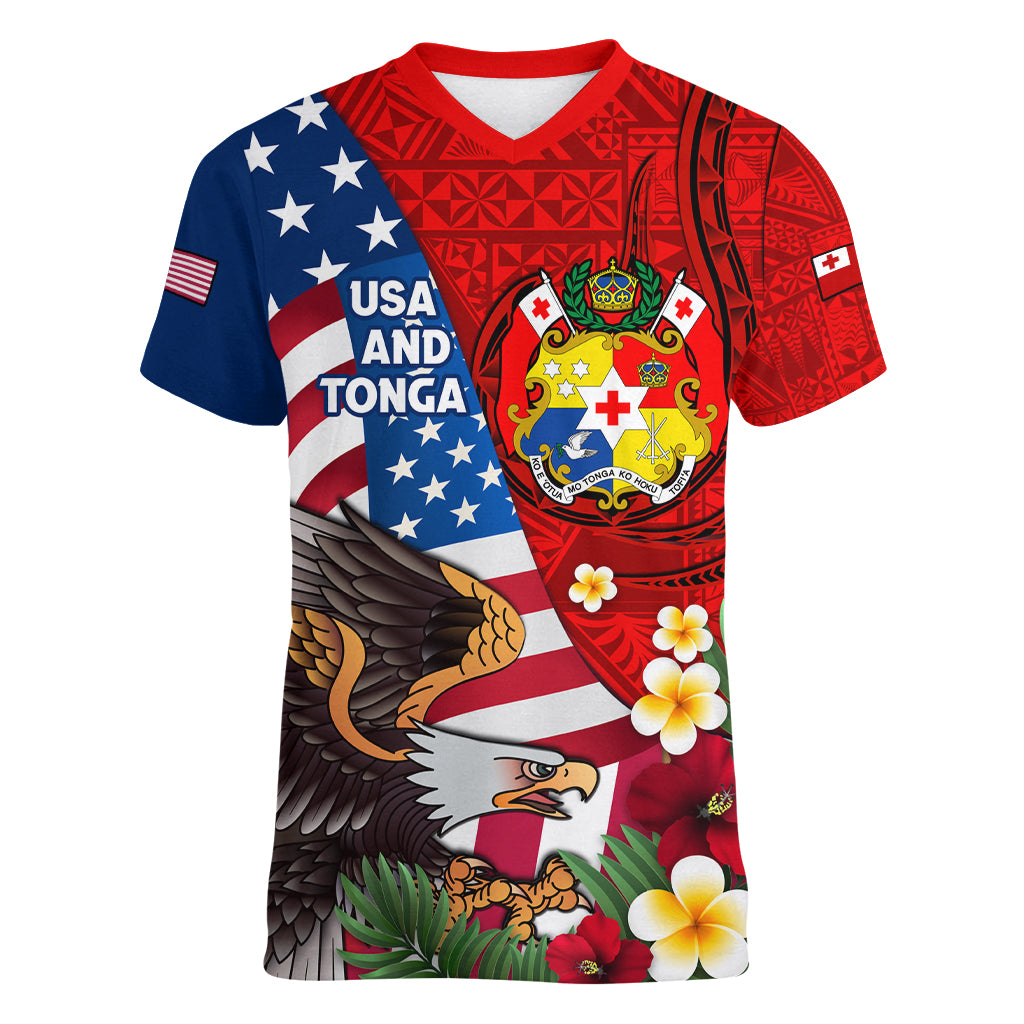 United States And Tonga Women V Neck T Shirt USA Flag Eagle Mix Tongan Coat Of Arms Ngatu Pattern LT14 Female Blue - Polynesian Pride