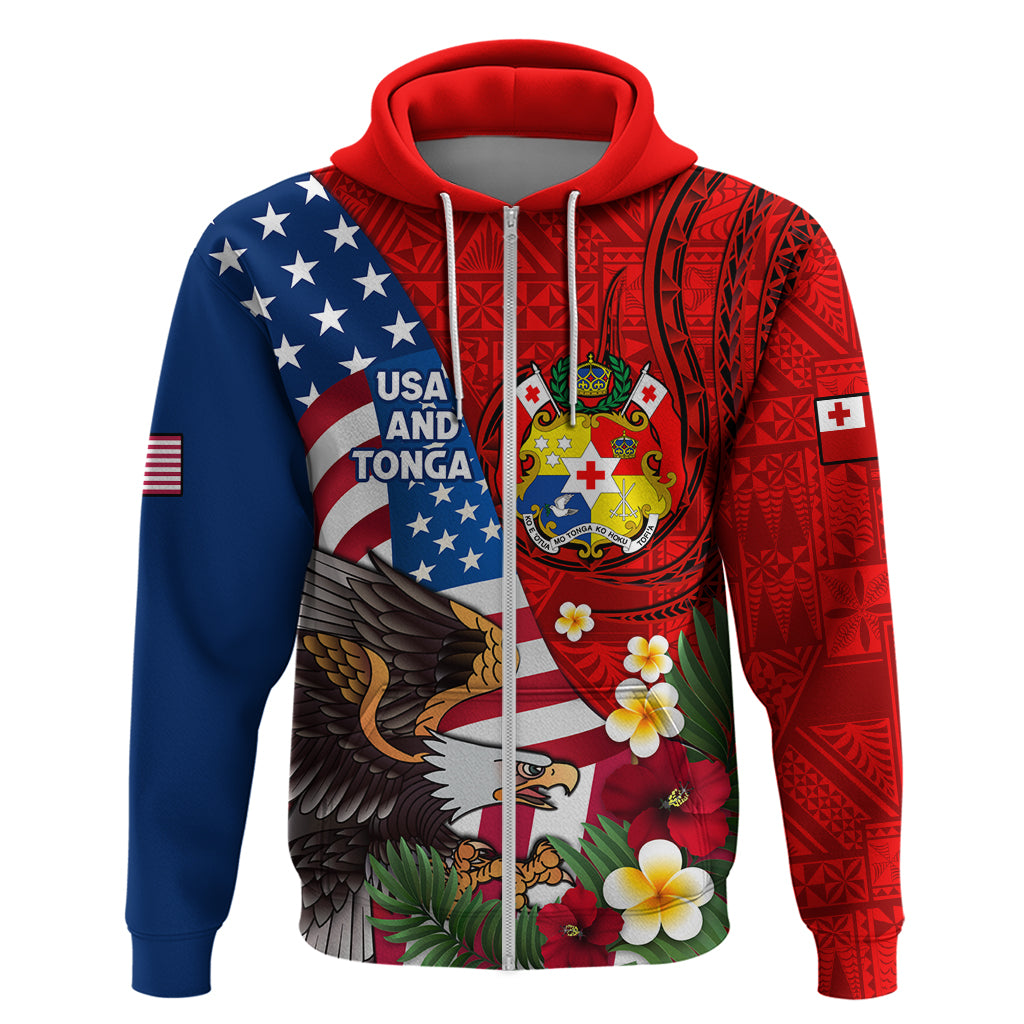 United States And Tonga Zip Hoodie USA Flag Eagle Mix Tongan Coat Of Arms Ngatu Pattern LT14 Zip Hoodie Blue - Polynesian Pride