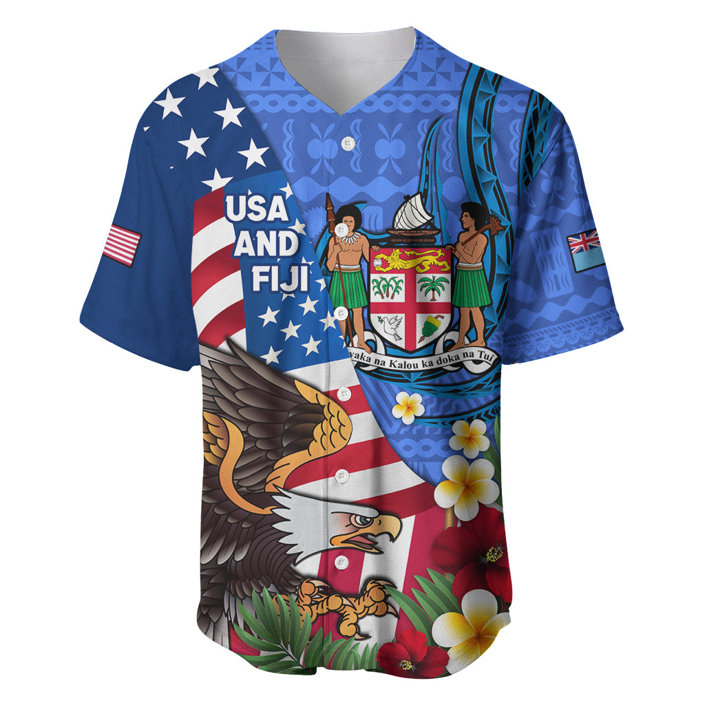 United States And Fiji Baseball Jersey USA Flag Eagle Mix Fijian Coat Of Arms Tapa Pattern LT14 Blue - Polynesian Pride