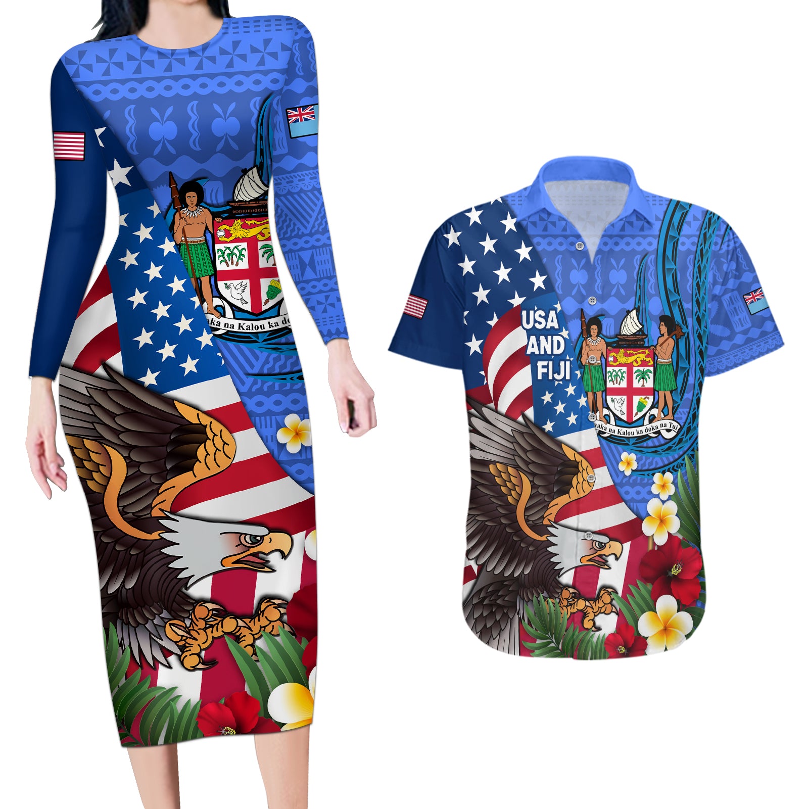 United States And Fiji Couples Matching Long Sleeve Bodycon Dress and Hawaiian Shirt USA Flag Eagle Mix Fijian Coat Of Arms Tapa Pattern LT14 Blue - Polynesian Pride