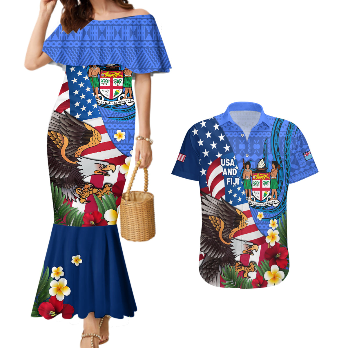 United States And Fiji Couples Matching Mermaid Dress and Hawaiian Shirt USA Flag Eagle Mix Fijian Coat Of Arms Tapa Pattern LT14 Blue - Polynesian Pride