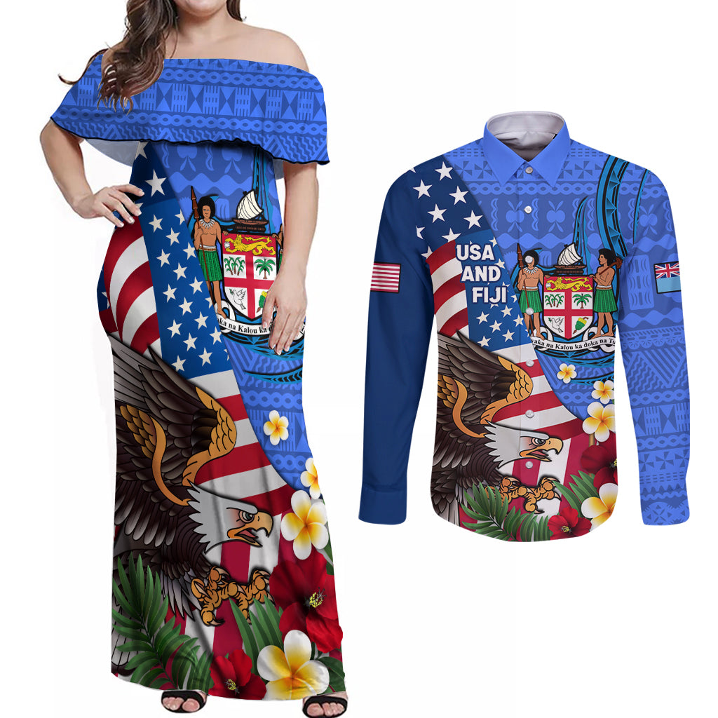 United States And Fiji Couples Matching Off Shoulder Maxi Dress and Long Sleeve Button Shirt USA Flag Eagle Mix Fijian Coat Of Arms Tapa Pattern LT14 Blue - Polynesian Pride