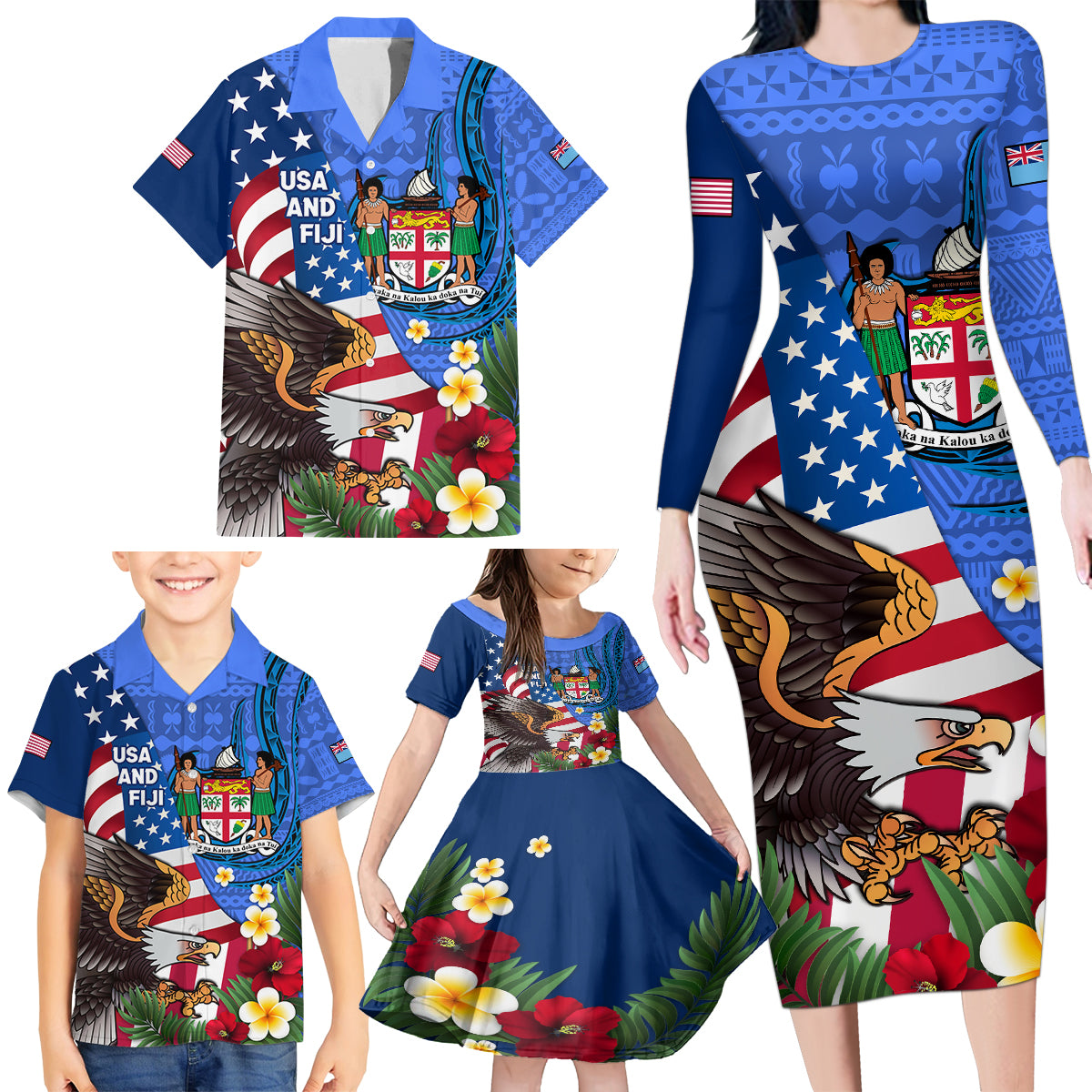 United States And Fiji Family Matching Long Sleeve Bodycon Dress and Hawaiian Shirt USA Flag Eagle Mix Fijian Coat Of Arms Tapa Pattern LT14 - Polynesian Pride