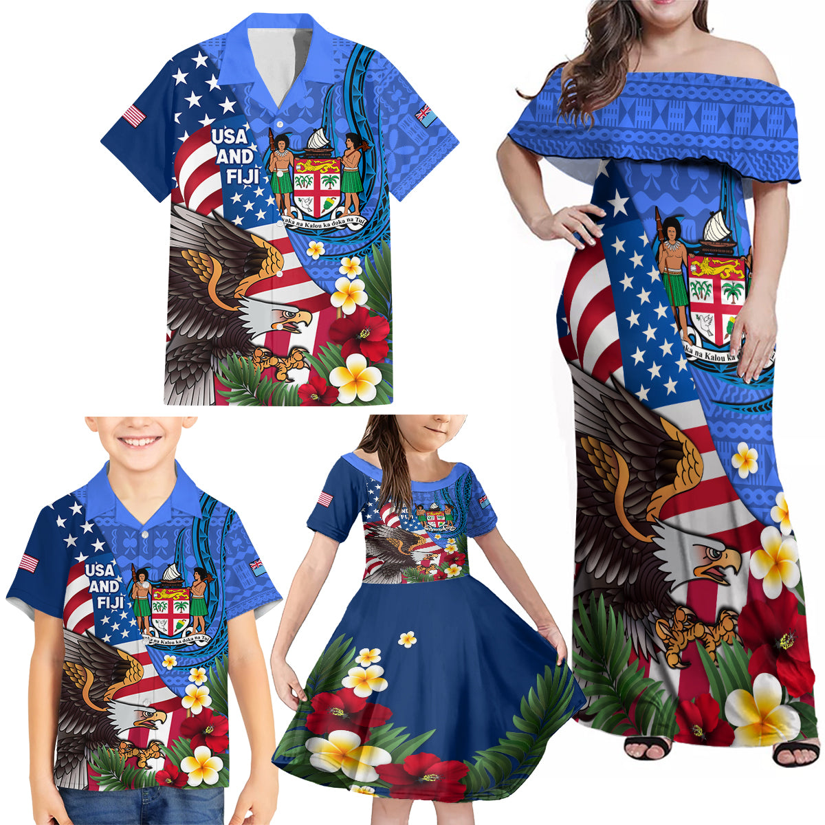 United States And Fiji Family Matching Off Shoulder Maxi Dress and Hawaiian Shirt USA Flag Eagle Mix Fijian Coat Of Arms Tapa Pattern LT14 - Polynesian Pride