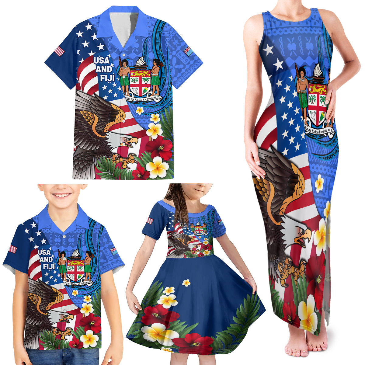 United States And Fiji Family Matching Tank Maxi Dress and Hawaiian Shirt USA Flag Eagle Mix Fijian Coat Of Arms Tapa Pattern LT14 - Polynesian Pride