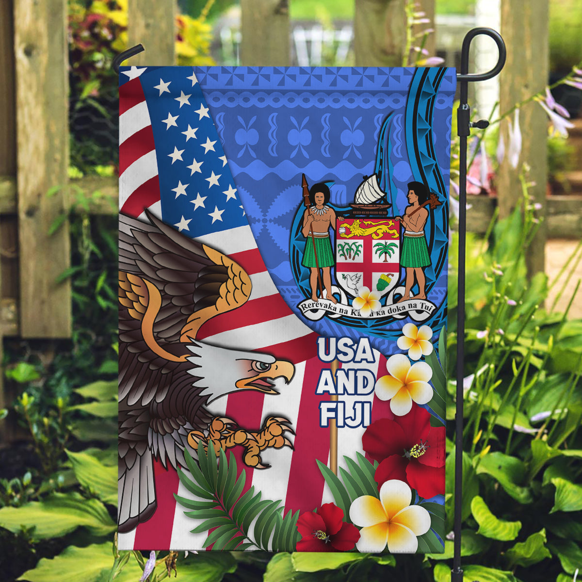 United States And Fiji Garden Flag USA Flag Eagle Mix Fijian Coat Of Arms Tapa Pattern LT14 Garden Flag Blue - Polynesian Pride