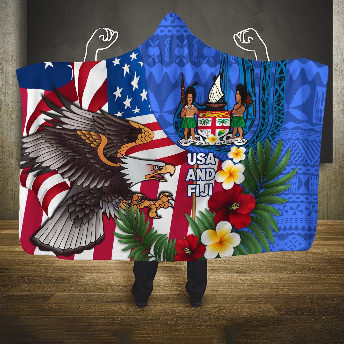 United States And Fiji Hooded Blanket USA Flag Eagle Mix Fijian Coat Of Arms Tapa Pattern LT14 One Size Blue - Polynesian Pride