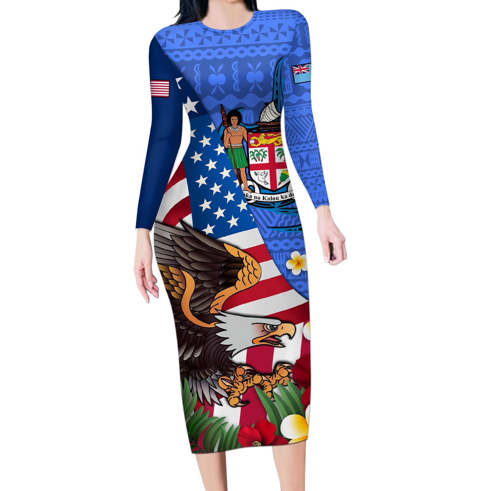 United States And Fiji Long Sleeve Bodycon Dress USA Flag Eagle Mix Fijian Coat Of Arms Tapa Pattern LT14 Long Dress Blue - Polynesian Pride