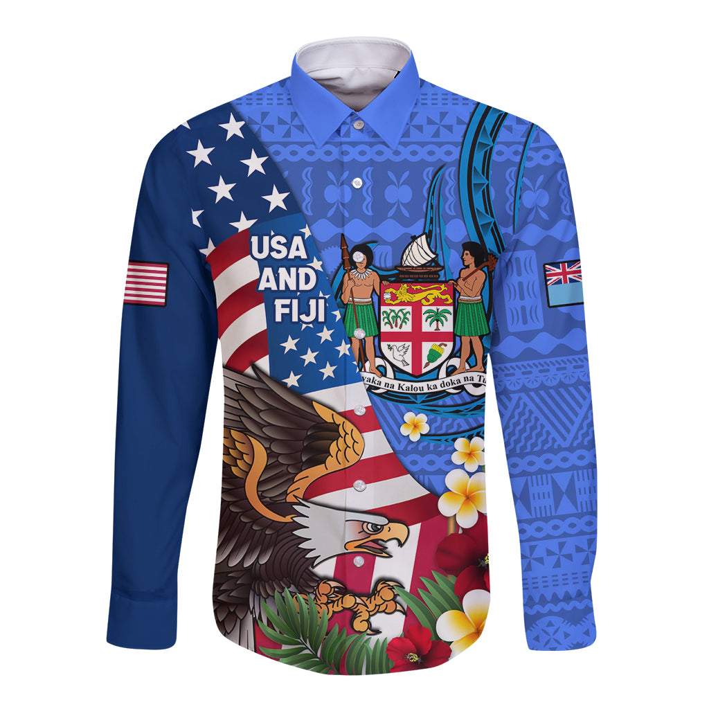 United States And Fiji Long Sleeve Button Shirt USA Flag Eagle Mix Fijian Coat Of Arms Tapa Pattern LT14 Unisex Blue - Polynesian Pride