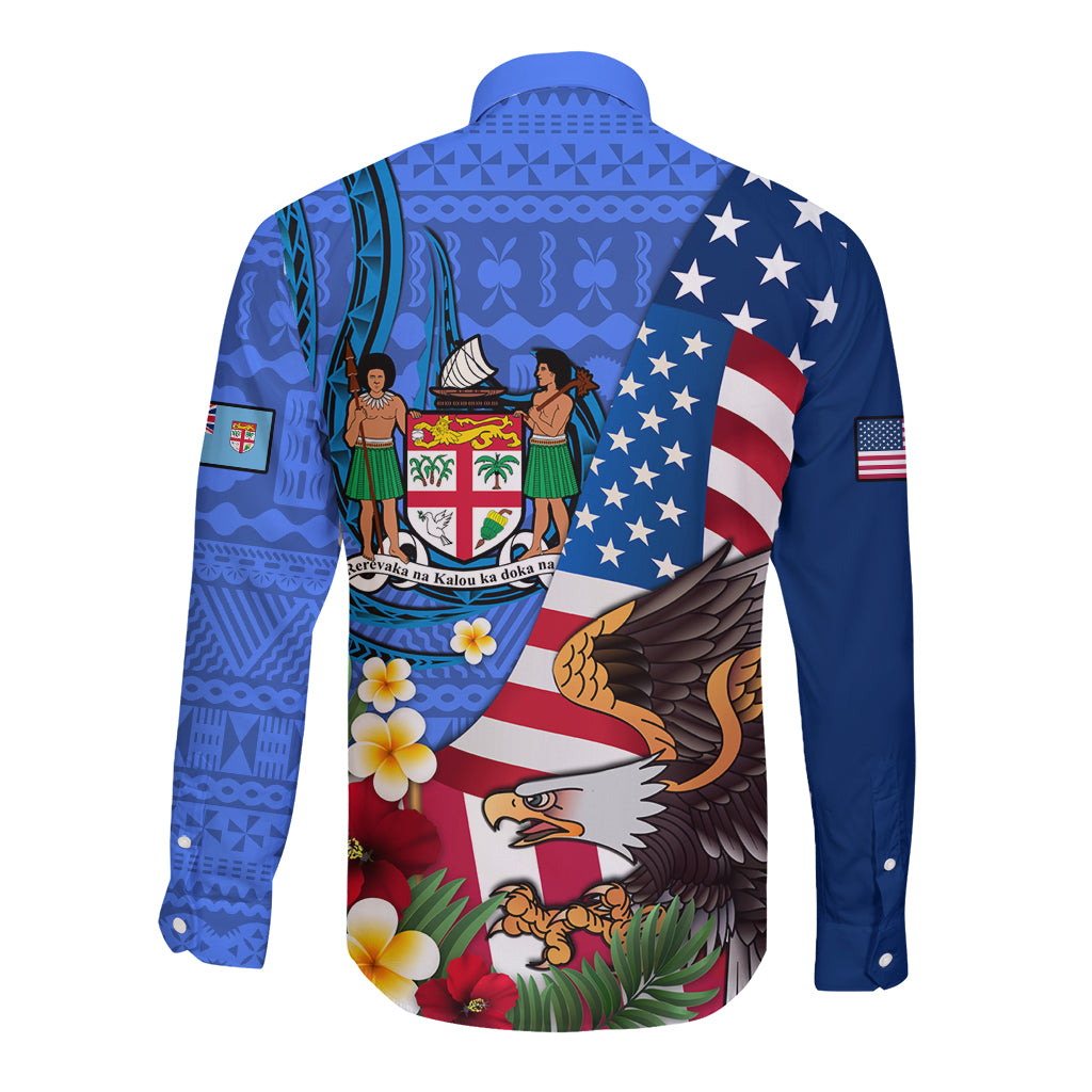United States And Fiji Long Sleeve Button Shirt USA Flag Eagle Mix Fijian Coat Of Arms Tapa Pattern LT14 - Polynesian Pride