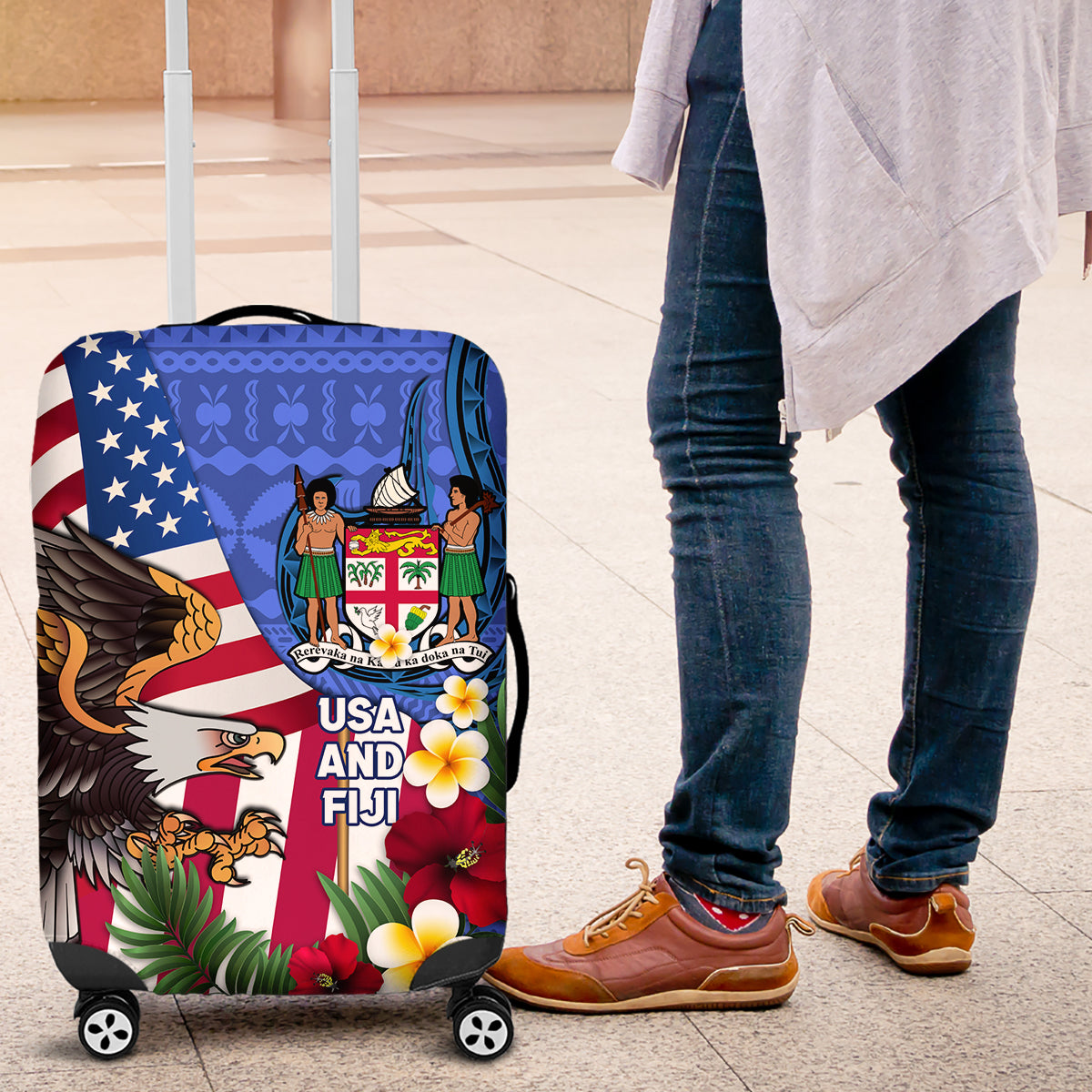 United States And Fiji Luggage Cover USA Flag Eagle Mix Fijian Coat Of Arms Tapa Pattern LT14 Blue - Polynesian Pride