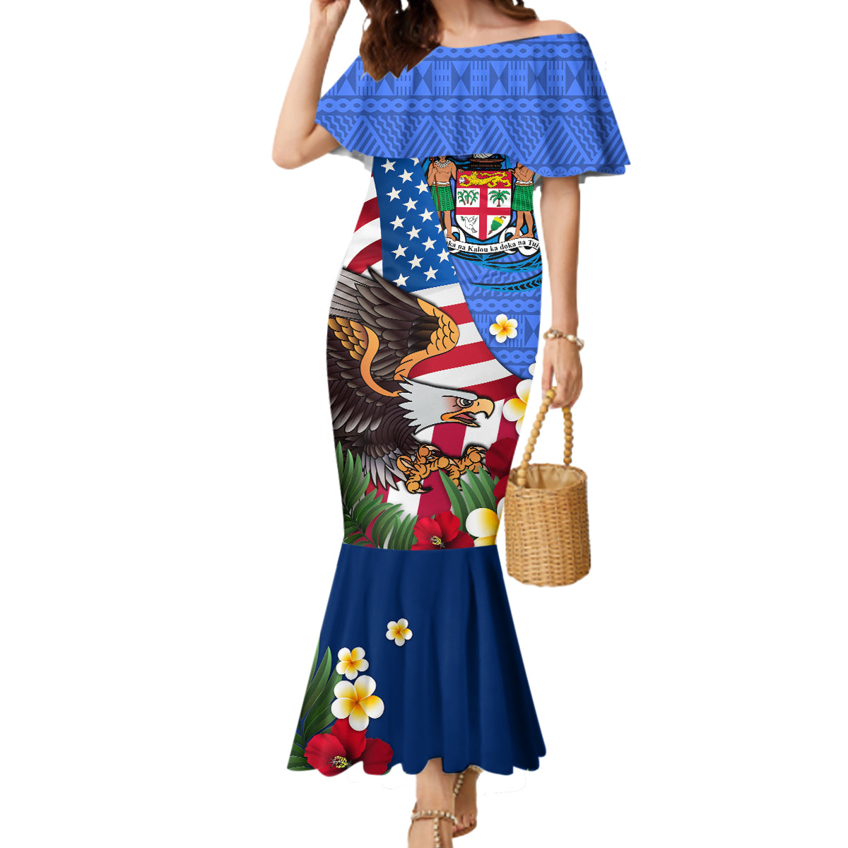 United States And Fiji Mermaid Dress USA Flag Eagle Mix Fijian Coat Of Arms Tapa Pattern LT14 Women Blue - Polynesian Pride