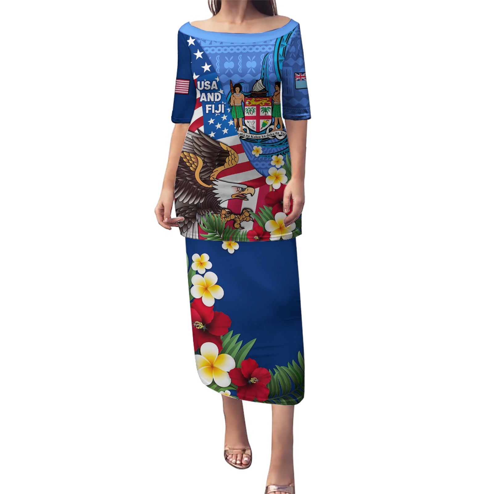 United States And Fiji Puletasi USA Flag Eagle Mix Fijian Coat Of Arms Tapa Pattern LT14 Long Dress Blue - Polynesian Pride