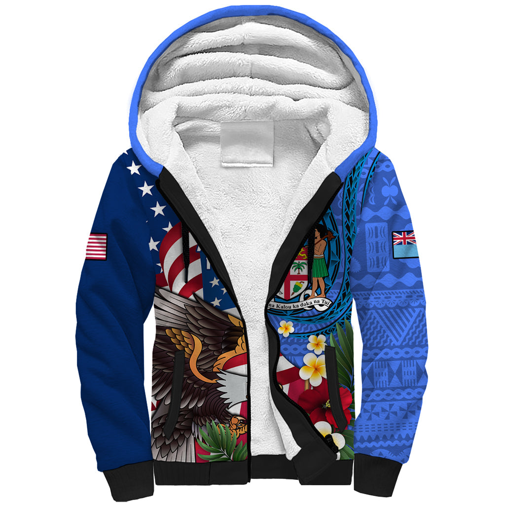 United States And Fiji Sherpa Hoodie USA Flag Eagle Mix Fijian Coat Of Arms Tapa Pattern LT14 Unisex Blue - Polynesian Pride