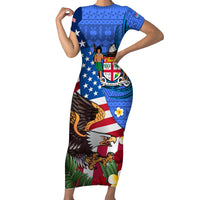 United States And Fiji Short Sleeve Bodycon Dress USA Flag Eagle Mix Fijian Coat Of Arms Tapa Pattern LT14 Long Dress Blue - Polynesian Pride