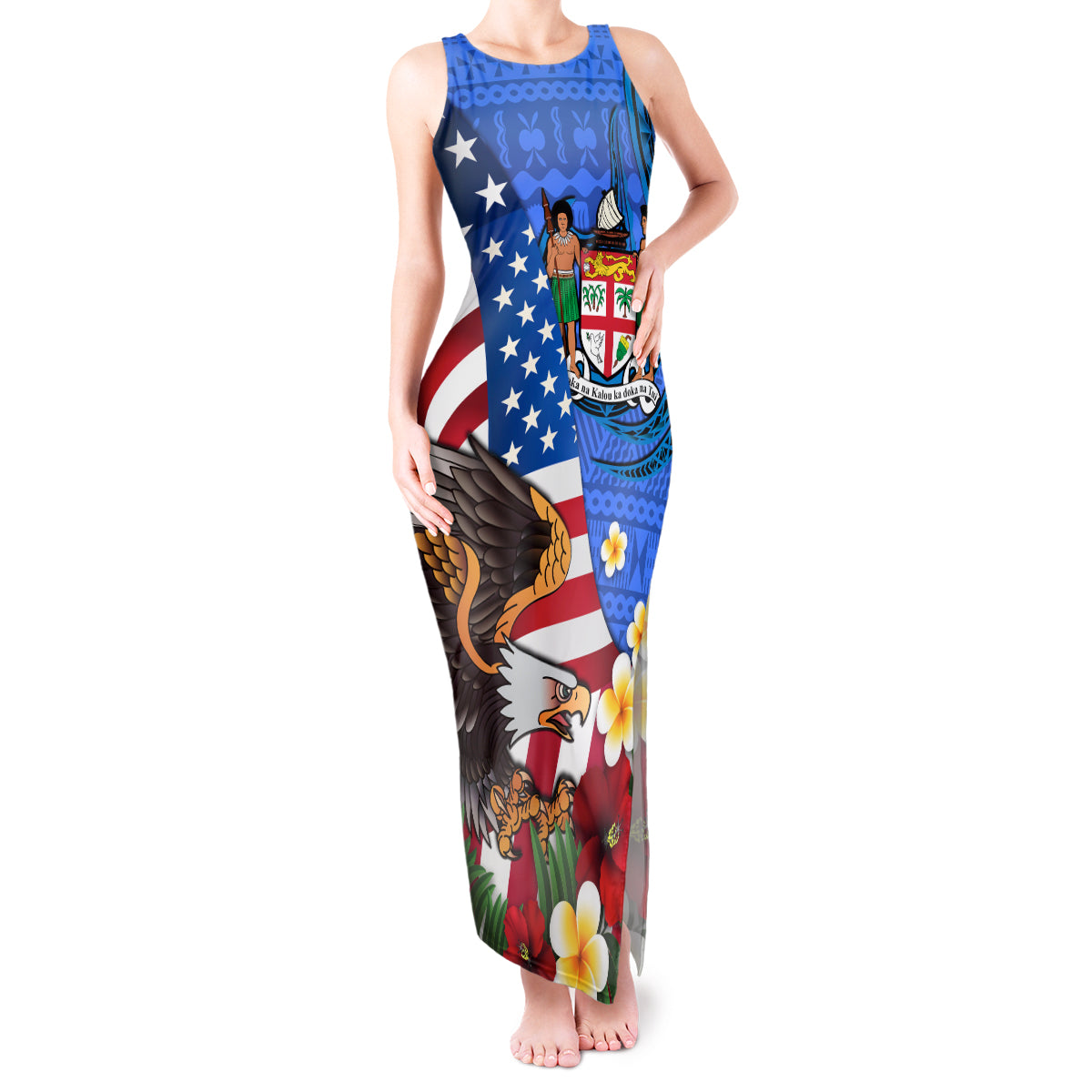 United States And Fiji Tank Maxi Dress USA Flag Eagle Mix Fijian Coat Of Arms Tapa Pattern LT14 Women Blue - Polynesian Pride