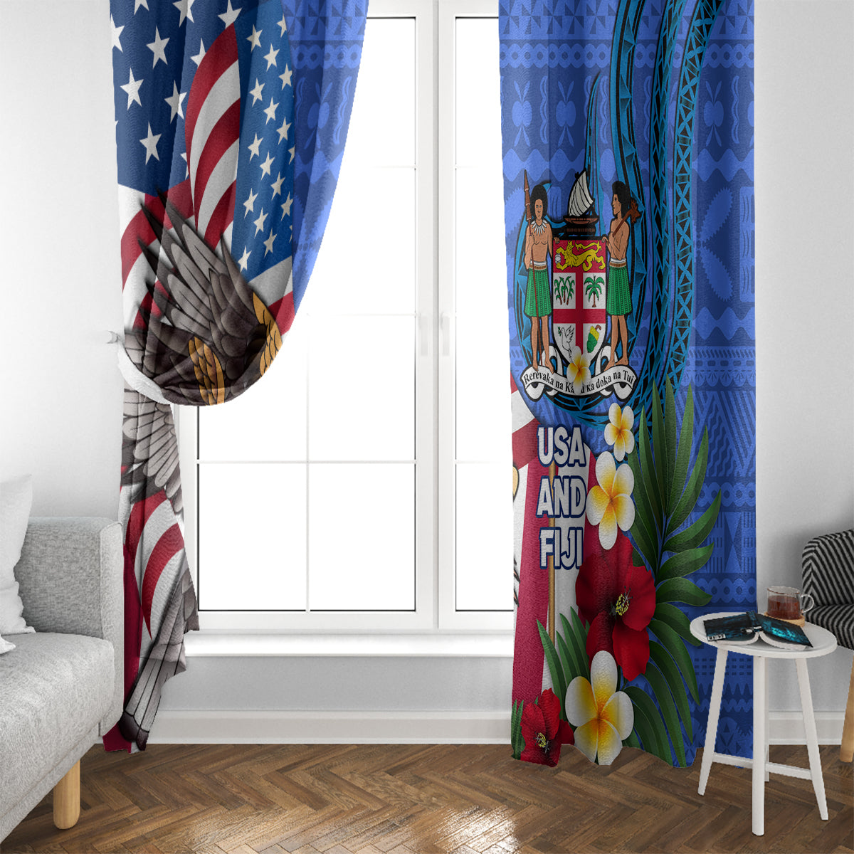 United States And Fiji Window Curtain USA Flag Eagle Mix Fijian Coat Of Arms Tapa Pattern LT14 - Polynesian Pride