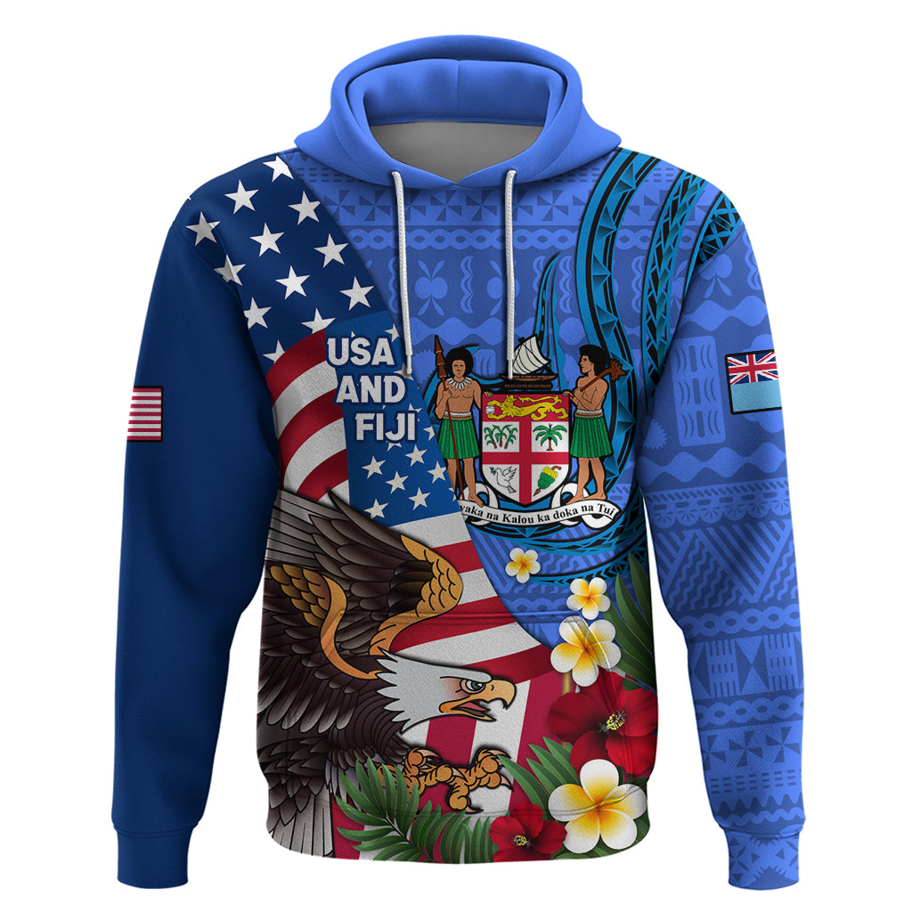 United States And Fiji Zip Hoodie USA Flag Eagle Mix Fijian Coat Of Arms Tapa Pattern LT14 Pullover Hoodie Blue - Polynesian Pride