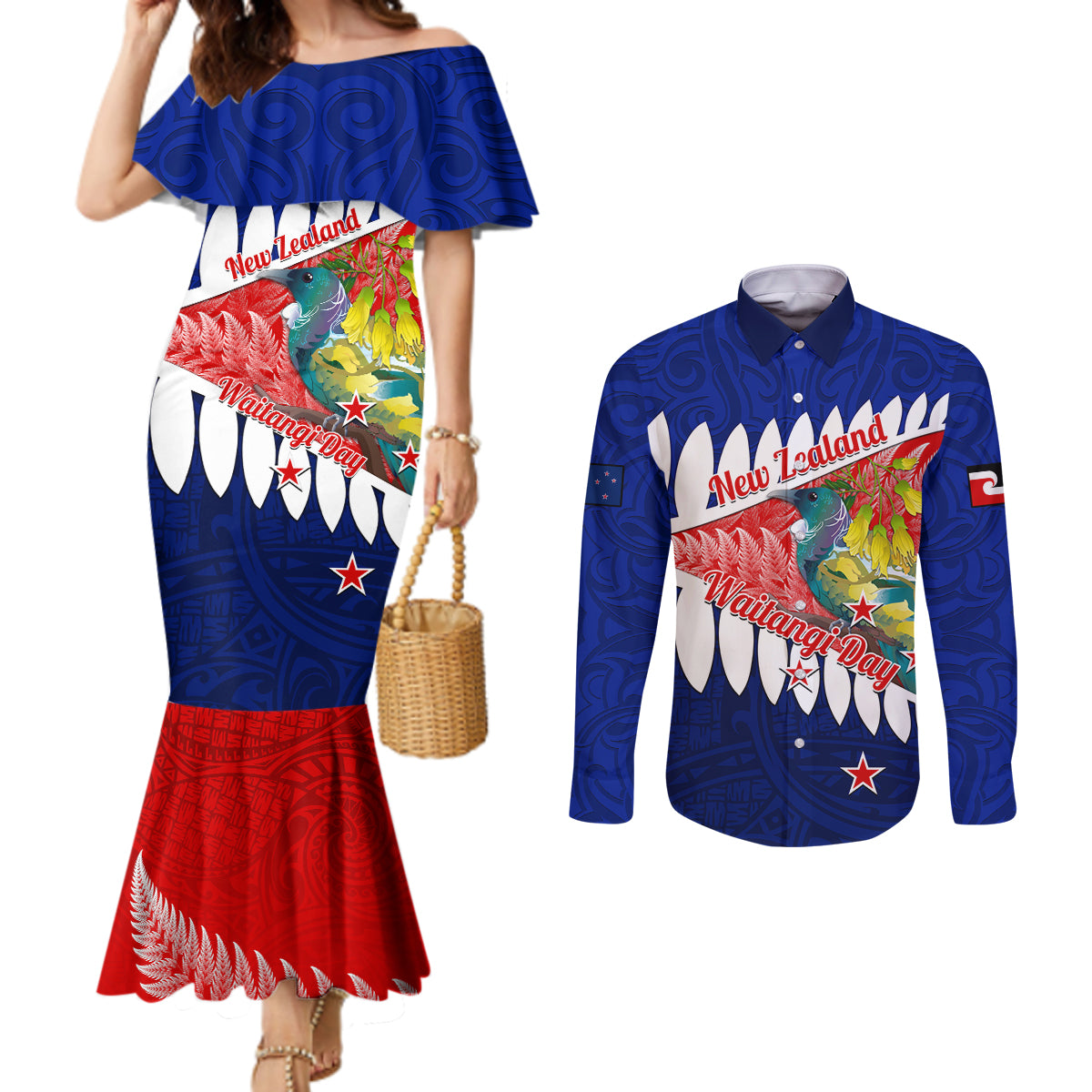 New Zealand Waitangi Day Couples Matching Mermaid Dress and Long Sleeve Button Shirt NZ Maori Tui Bird With Kowhai Flowers LT14 Blue - Polynesian Pride