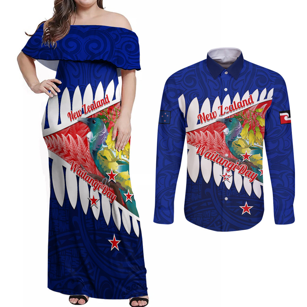 New Zealand Waitangi Day Couples Matching Off Shoulder Maxi Dress and Long Sleeve Button Shirt NZ Maori Tui Bird With Kowhai Flowers LT14 Blue - Polynesian Pride